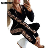 XUANSHOW Autumn Winter Fashion Tracksuit Women Splice Fleece Leopard Print Coat with Hood Two Pieces Set Hoodies Long Pants Suit