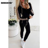 XUANSHOW Autumn Winter Fashion Tracksuit Women Splice Fleece Leopard Print Coat with Hood Two Pieces Set Hoodies Long Pants Suit