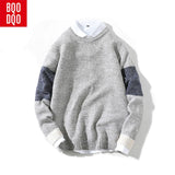 BQODQO Brand Casual Ribbed Crewneck and Cuffs Sweater Men Slim Long Sleeve Patchwork Male Pollover Preppy Thin Men's Clothes New