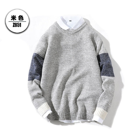 BQODQO Brand Casual Ribbed Crewneck and Cuffs Sweater Men Slim Long Sleeve Patchwork Male Pollover Preppy Thin Men's Clothes New