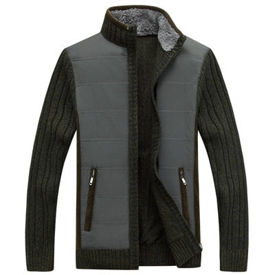 Autumn Winter Sweater Men Patchwork Windbreaker Thick Warm Fleece Cardigan Men Stand Collar Wool Liner Mens Sweaters