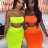 Simenual Sexy Party Matching Set Women Fashion Sleeveless 2 Piece Outfits Neon Color Strapless Top And Skirt Sets 2019 Summer