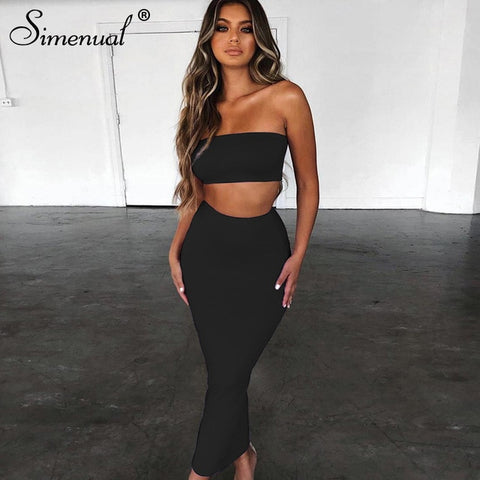 Simenual Sexy Party Matching Set Women Fashion Sleeveless 2 Piece Outfits Neon Color Strapless Top And Skirt Sets 2019 Summer