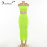 Simenual Sexy Party Matching Set Women Fashion Sleeveless 2 Piece Outfits Neon Color Strapless Top And Skirt Sets 2019 Summer